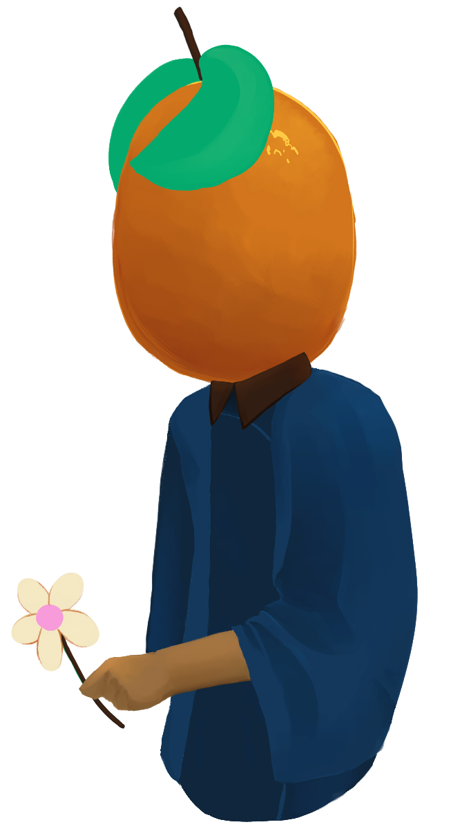 person with a big kumquat for a head holding a flower